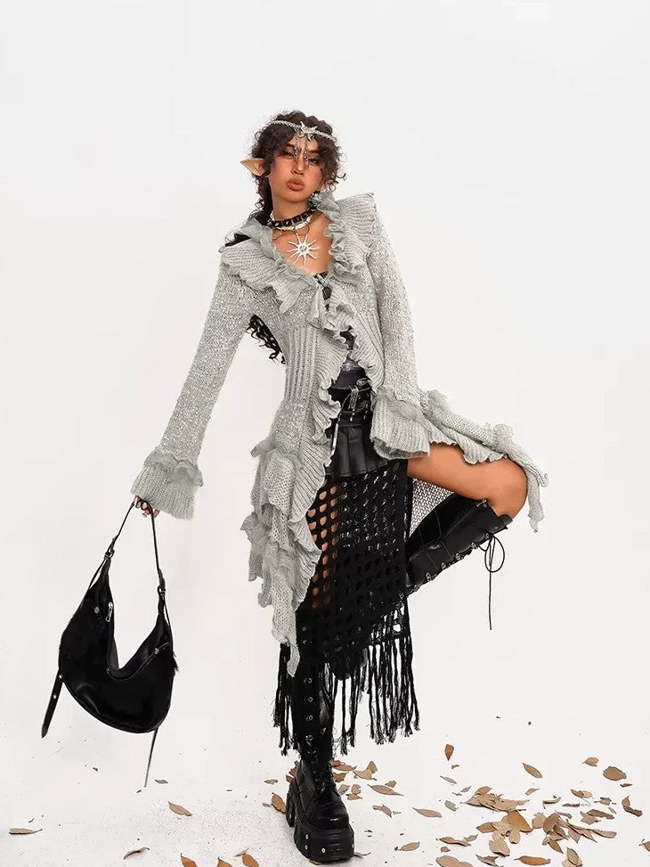 Nico Molly Vintage Lace Patchwork Ruffle Pleated V-neck Bell Sleeve Women's Cardigans