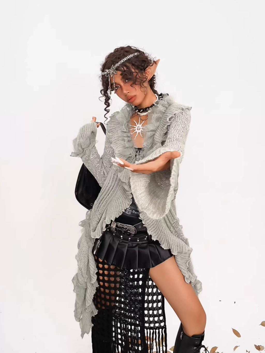 Nico Molly Vintage Lace Patchwork Ruffle Pleated V-neck Bell Sleeve Women's Cardigans
