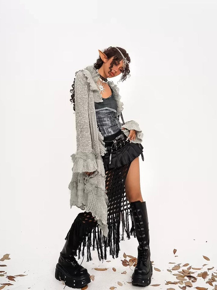 Nico Molly Vintage Lace Patchwork Ruffle Pleated V-neck Bell Sleeve Women's Cardigans