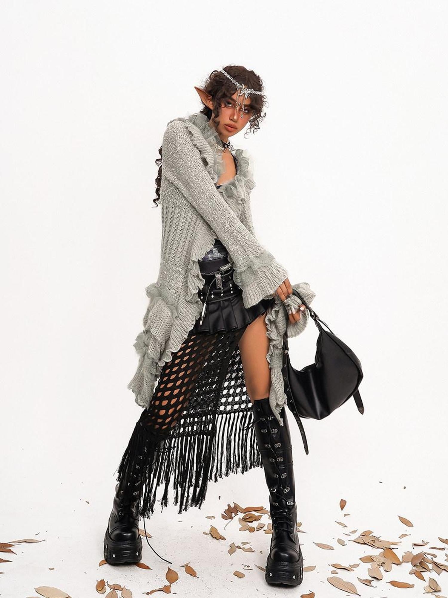 Nico Molly Vintage Lace Patchwork Ruffle Pleated V-neck Bell Sleeve Women's Cardigans