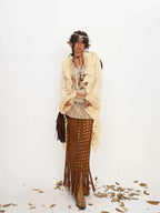 Nico Molly Vintage Lace Patchwork Ruffle Pleated V-neck Bell Sleeve Women's Cardigans