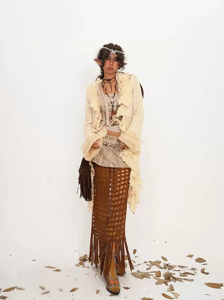 Nico Molly Vintage Lace Patchwork Ruffle Pleated V-neck Bell Sleeve Women's Cardigans