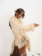 Nico Molly Vintage Lace Patchwork Ruffle Pleated V-neck Bell Sleeve Women's Cardigans