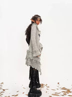 Nico Molly Vintage Lace Patchwork Ruffle Pleated V-neck Bell Sleeve Women's Cardigans