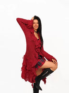 Nico Molly Vintage Lace Patchwork Ruffle Pleated V-neck Bell Sleeve Women's Cardigans