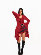 Nico Molly Vintage Lace Patchwork Ruffle Pleated V-neck Bell Sleeve Women's Cardigans