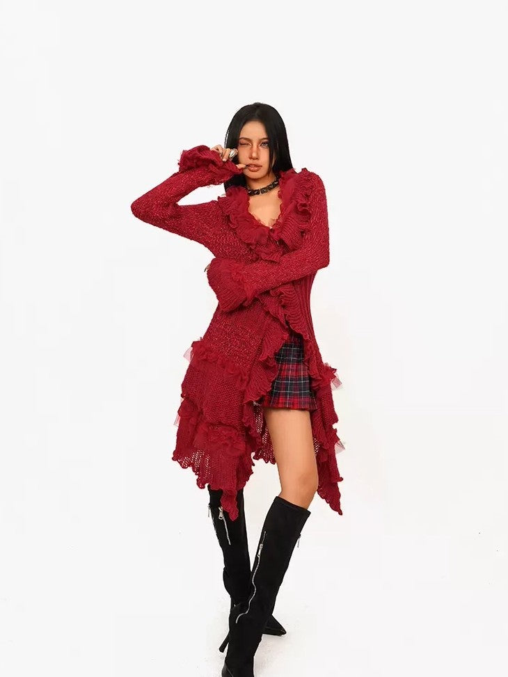 Nico Molly Vintage Lace Patchwork Ruffle Pleated V-neck Bell Sleeve Women's Cardigans