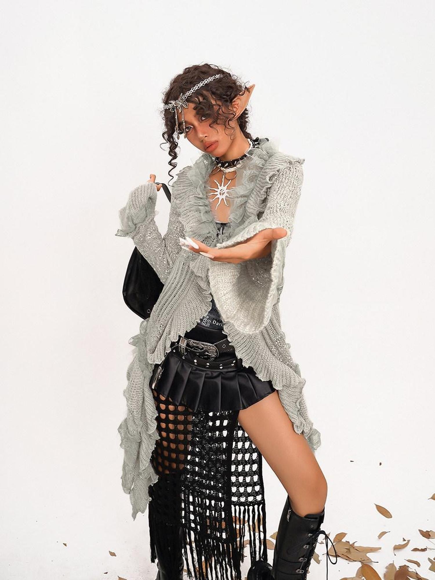 Nico Molly Vintage Lace Patchwork Ruffle Pleated V-neck Bell Sleeve Women's Cardigans