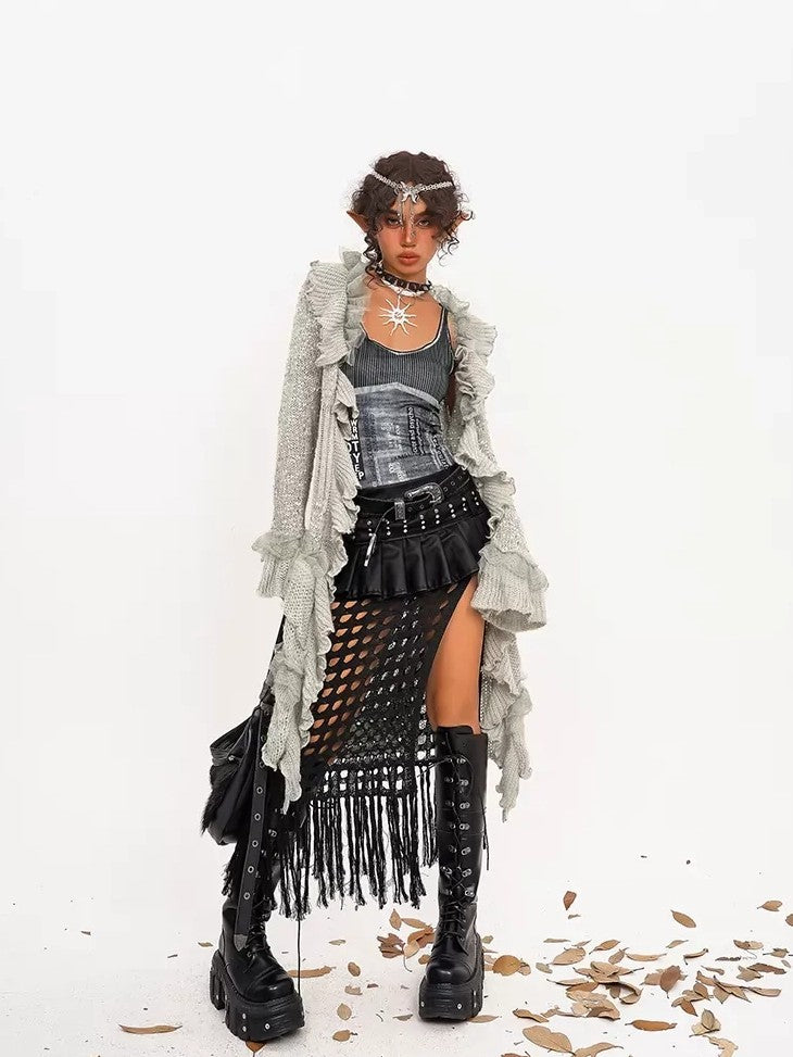 Nico Molly Vintage Lace Patchwork Ruffle Pleated V-neck Bell Sleeve Women's Cardigans