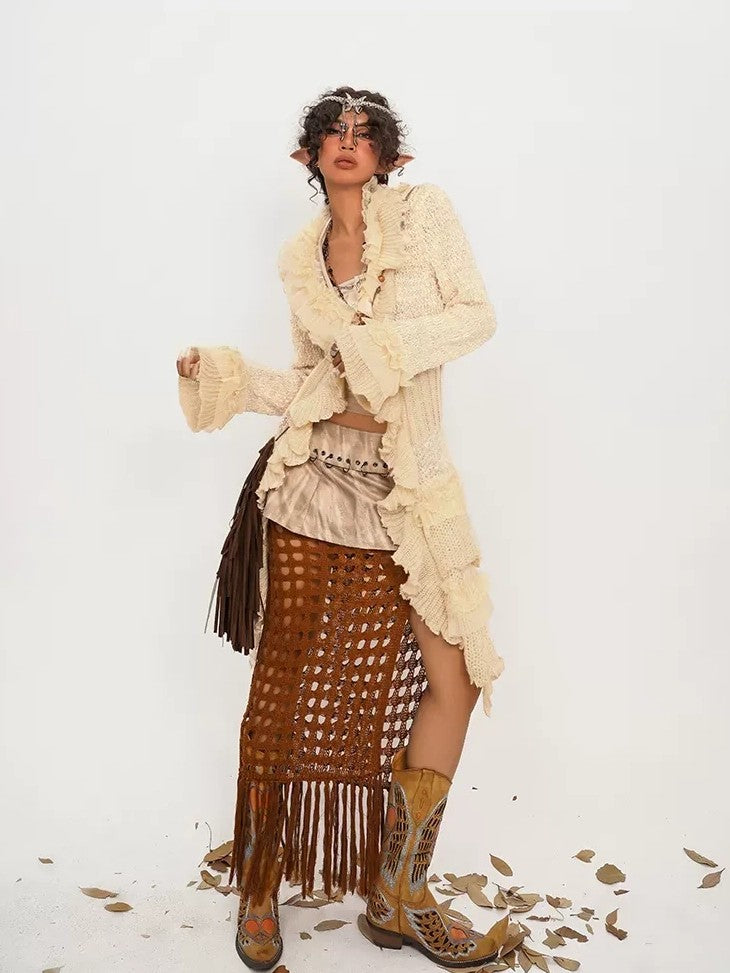 Nico Molly Vintage Lace Patchwork Ruffle Pleated V-neck Bell Sleeve Women's Cardigans