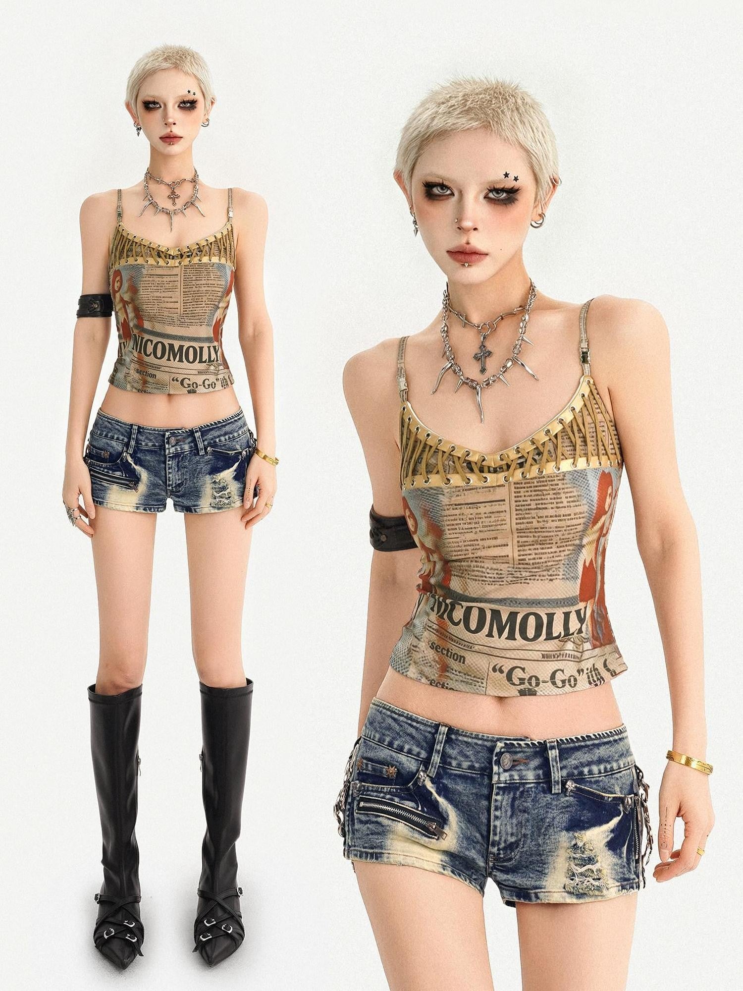 Nico Molly Vintage Newspaper Printed Lace Up Punk Edgy Women's Camisoles