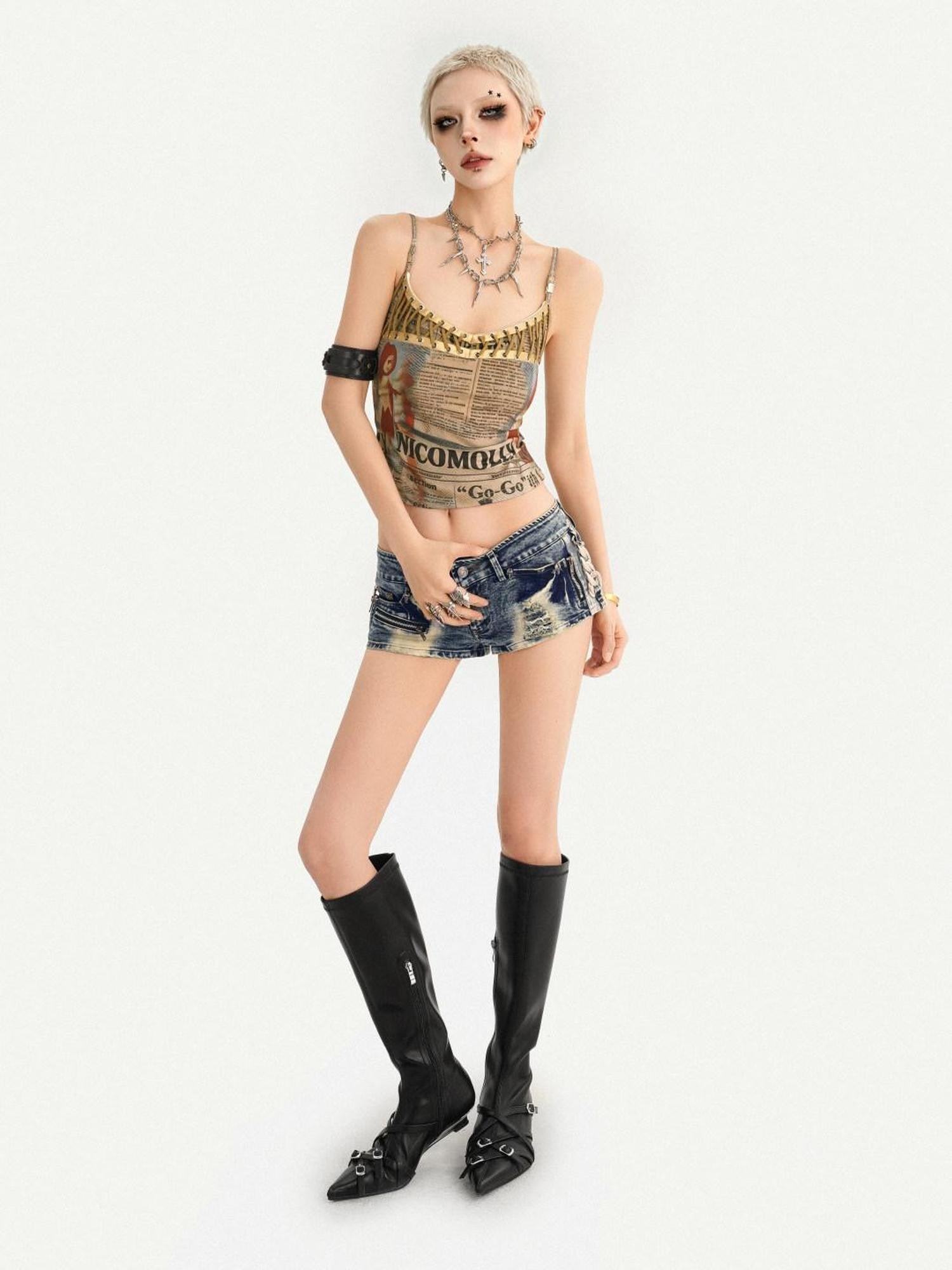 Nico Molly Vintage Newspaper Printed Lace Up Punk Edgy Women's Camisoles