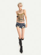 Nico Molly Vintage Newspaper Printed Lace Up Punk Edgy Women's Camisoles