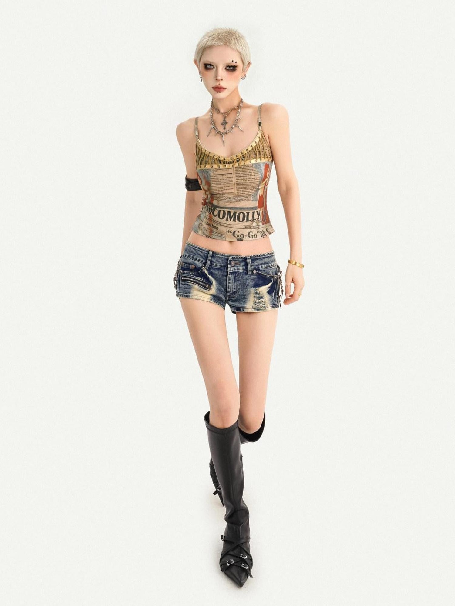 Nico Molly Vintage Newspaper Printed Lace Up Punk Edgy Women's Camisoles