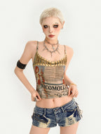 Nico Molly Vintage Newspaper Printed Lace Up Punk Edgy Women's Camisoles