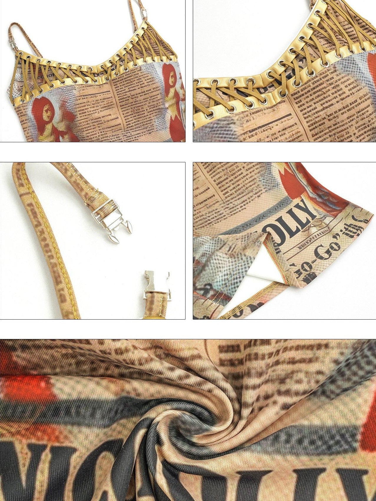 Nico Molly Vintage Newspaper Printed Lace Up Punk Edgy Women's Camisoles