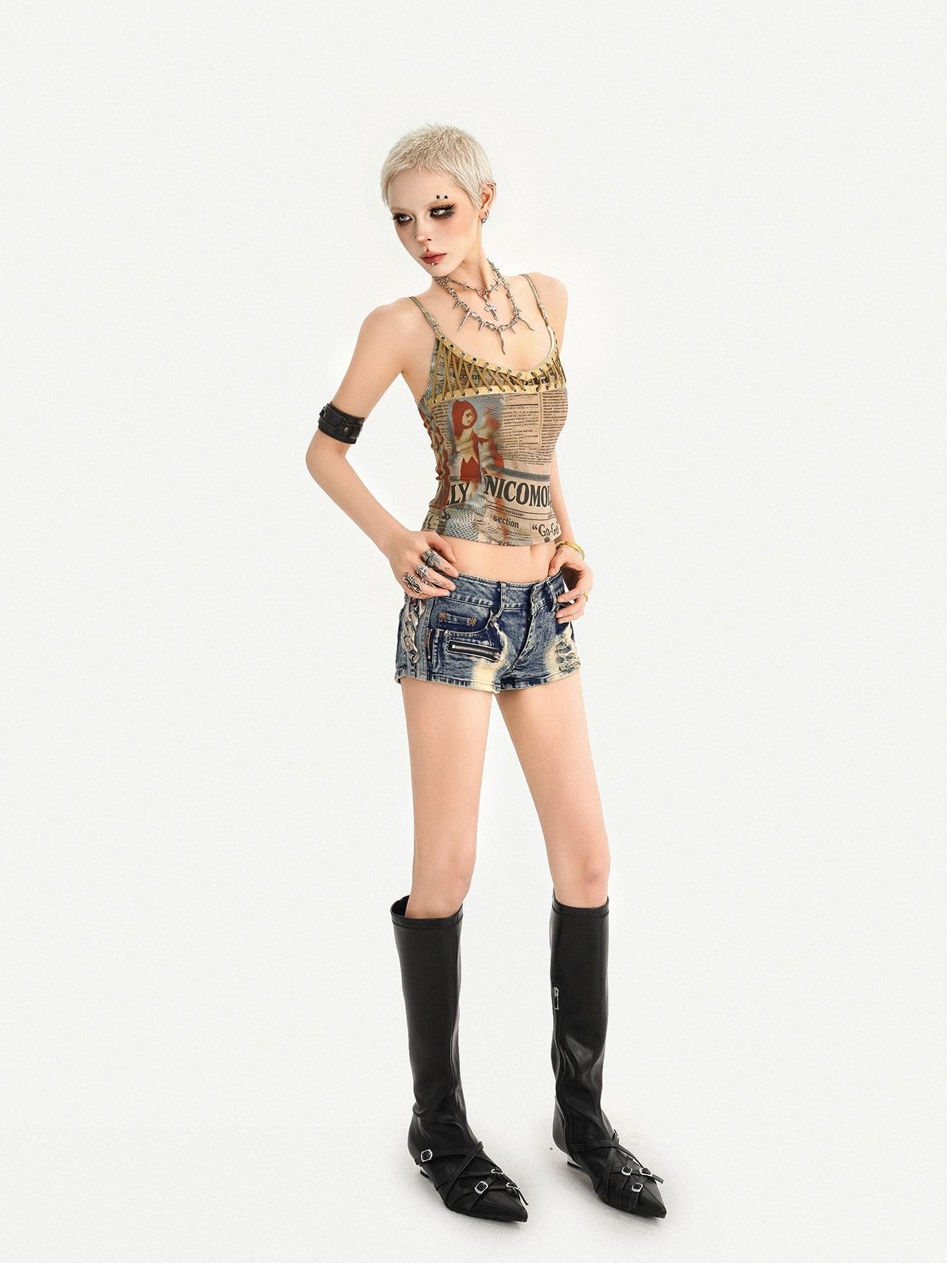 Nico Molly Vintage Newspaper Printed Lace Up Punk Edgy Women's Camisoles