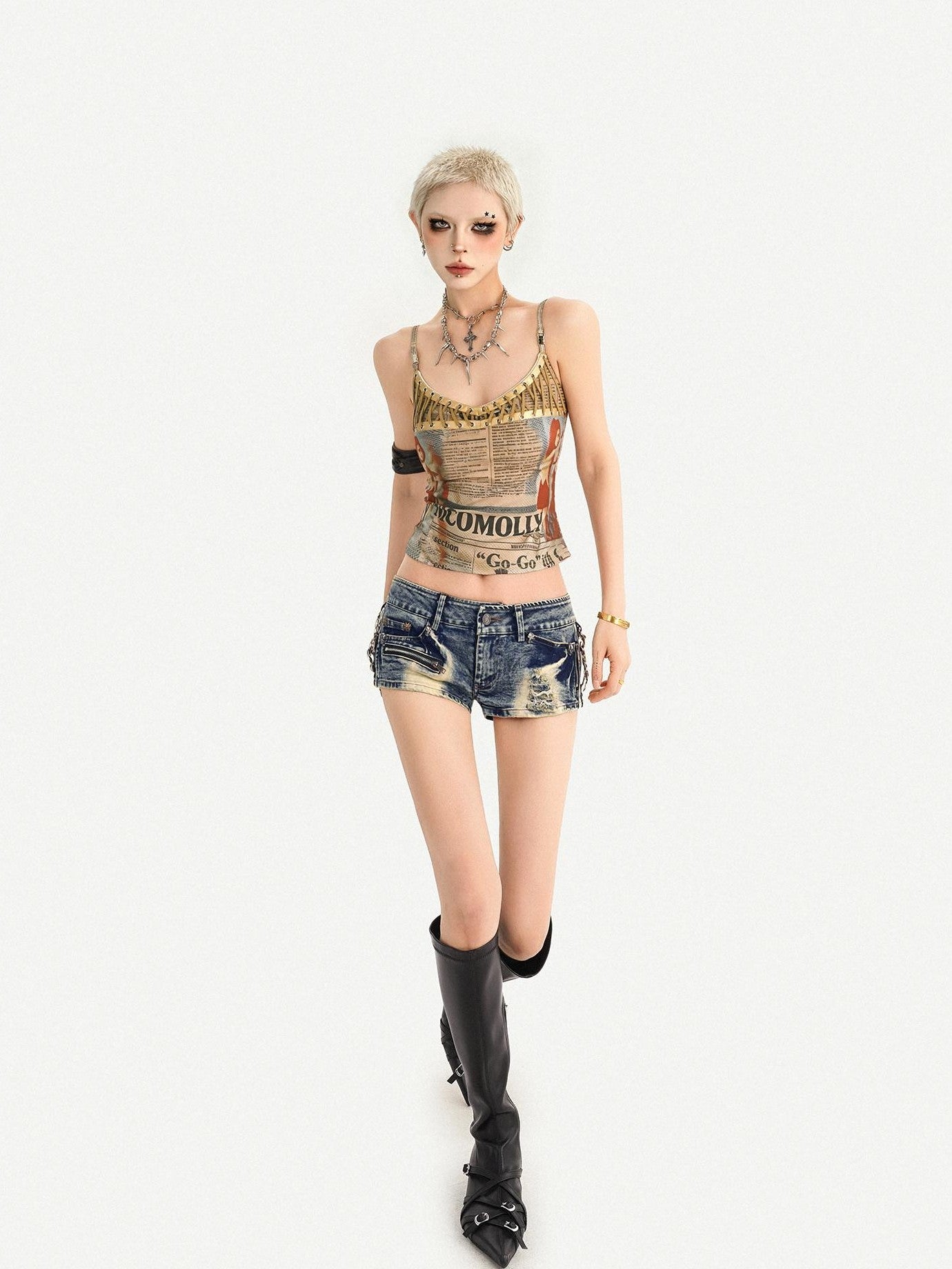 Nico Molly Vintage Newspaper Printed Lace Up Punk Edgy Women's Camisoles