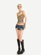 Nico Molly Vintage Newspaper Printed Lace Up Punk Edgy Women's Camisoles