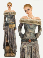 Nico Molly Vintage Off Shoulder Printed Fur Collar Women's Thick Top & Skirt Sets
