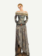 Nico Molly Vintage Off Shoulder Printed Fur Collar Women's Thick Top & Skirt Sets