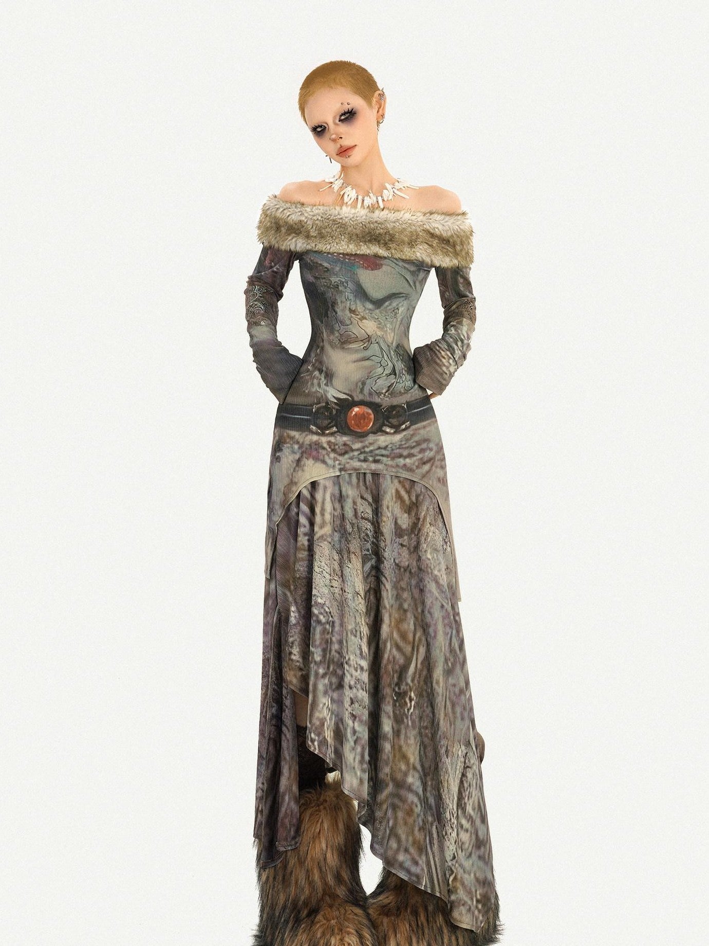 Nico Molly Vintage Off Shoulder Printed Fur Collar Women's Thick Top & Skirt Sets