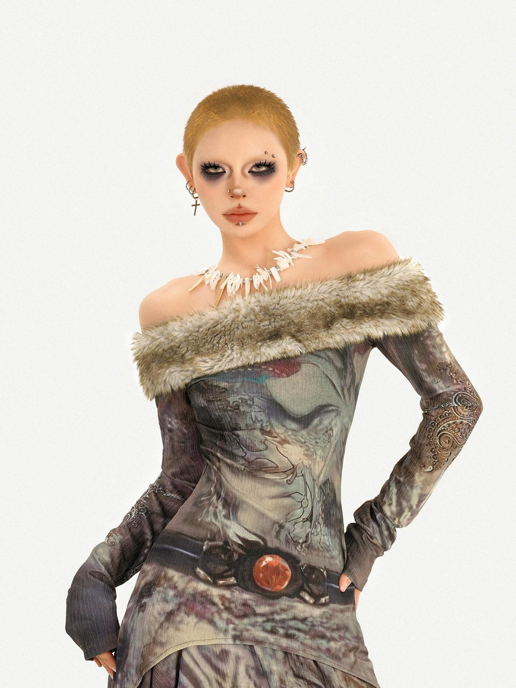 Nico Molly Vintage Off Shoulder Printed Fur Collar Women's Thick Top & Skirt Sets