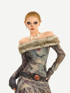 Nico Molly Vintage Off Shoulder Printed Fur Collar Women's Thick Top & Skirt Sets