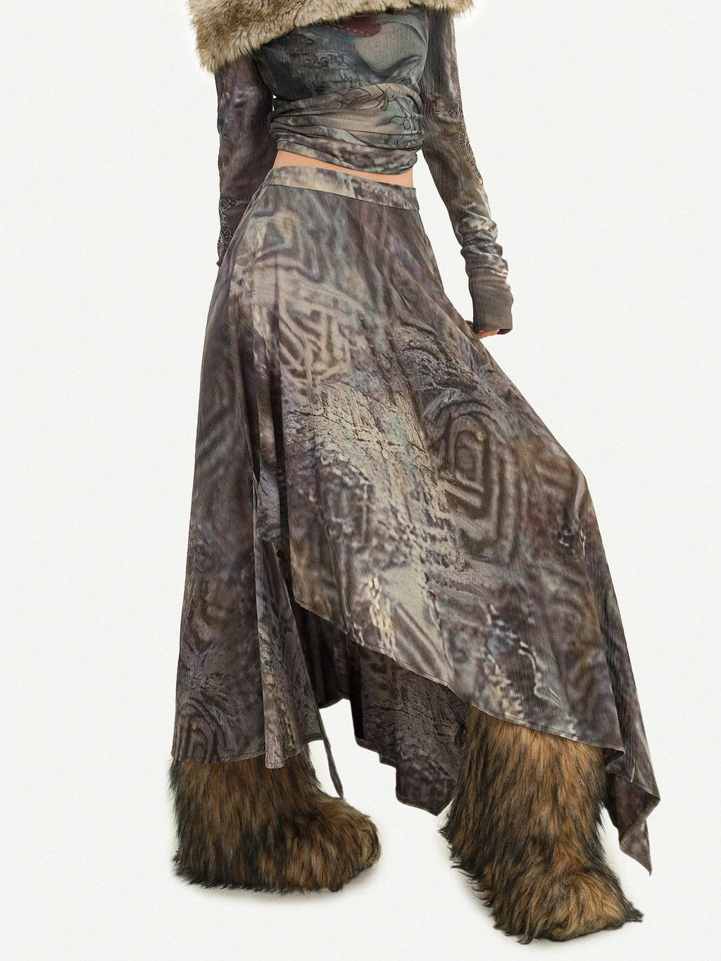 Nico Molly Vintage Off Shoulder Printed Fur Collar Women's Thick Top & Skirt Sets