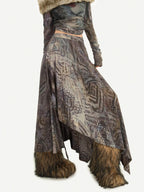 Nico Molly Vintage Off Shoulder Printed Fur Collar Women's Thick Top & Skirt Sets