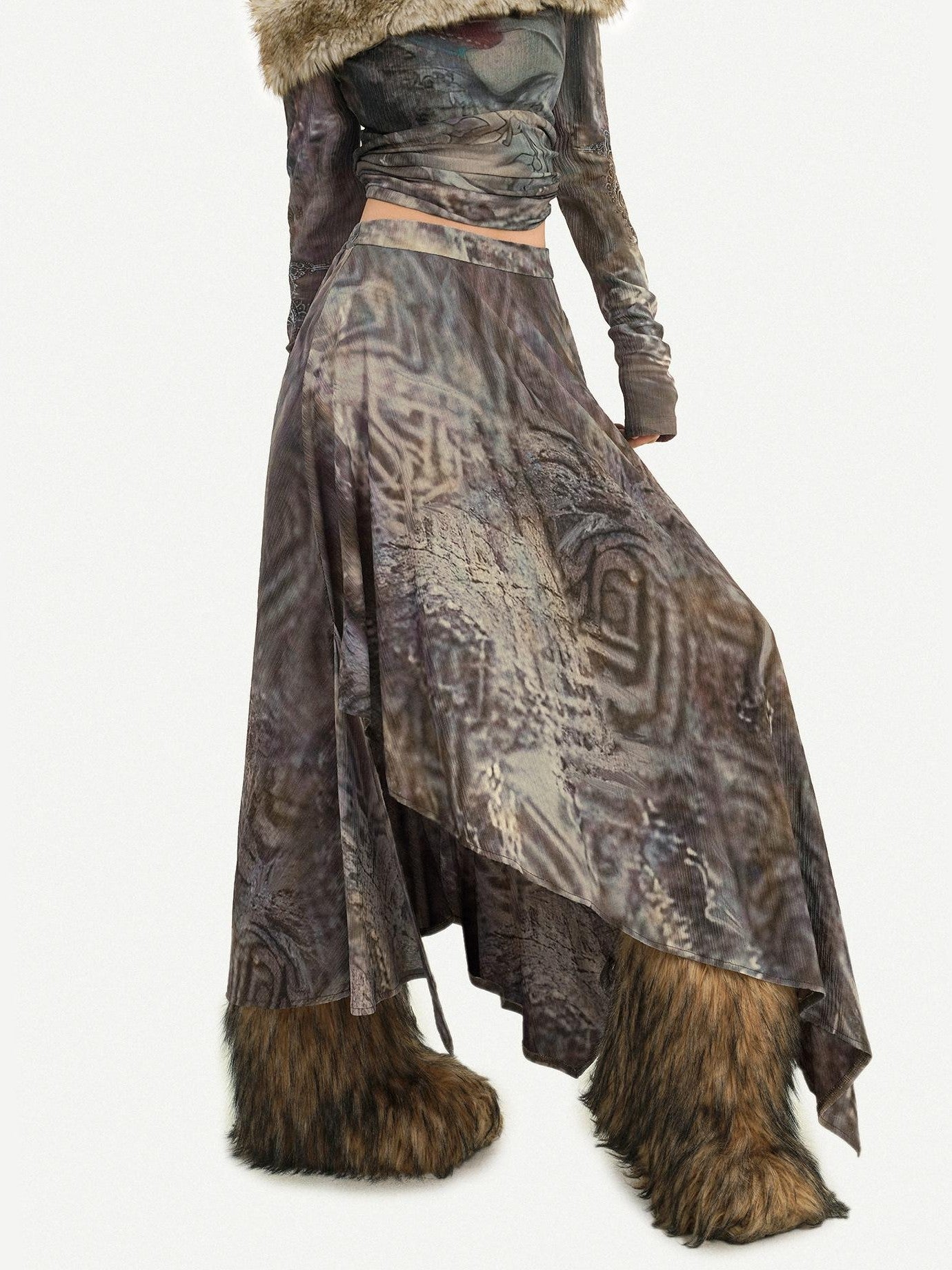 Nico Molly Vintage Off Shoulder Printed Fur Collar Women's Thick Top & Skirt Sets