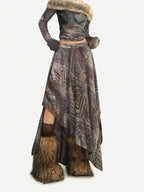 Nico Molly Vintage Off Shoulder Printed Fur Collar Women's Thick Top & Skirt Sets