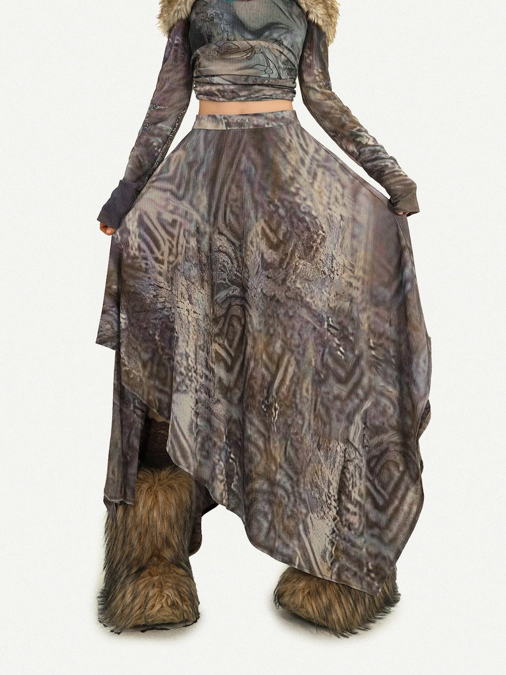 Nico Molly Vintage Off Shoulder Printed Fur Collar Women's Thick Top & Skirt Sets