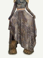 Nico Molly Vintage Off Shoulder Printed Fur Collar Women's Thick Top & Skirt Sets