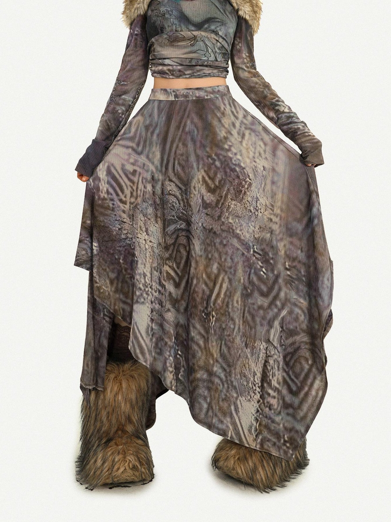 Nico Molly Vintage Off Shoulder Printed Fur Collar Women's Thick Top & Skirt Sets