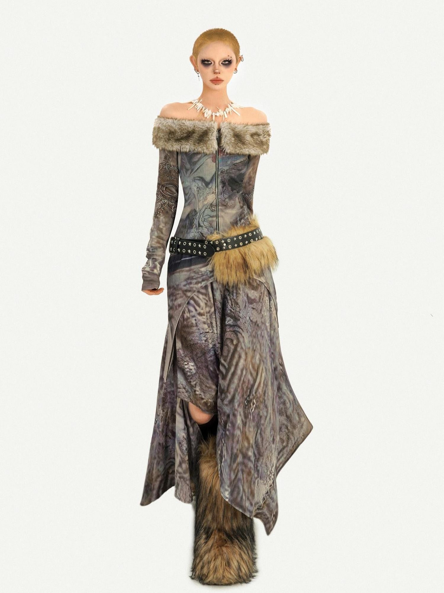Nico Molly Vintage Off Shoulder Printed Fur Collar Women's Thick Top & Skirt Sets