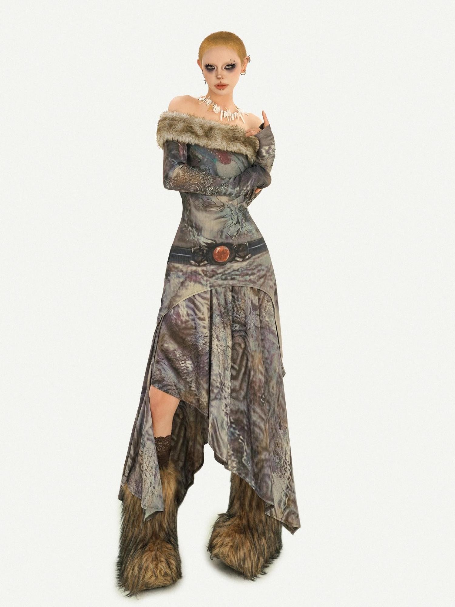 Nico Molly Vintage Off Shoulder Printed Fur Collar Women's Thick Top & Skirt Sets