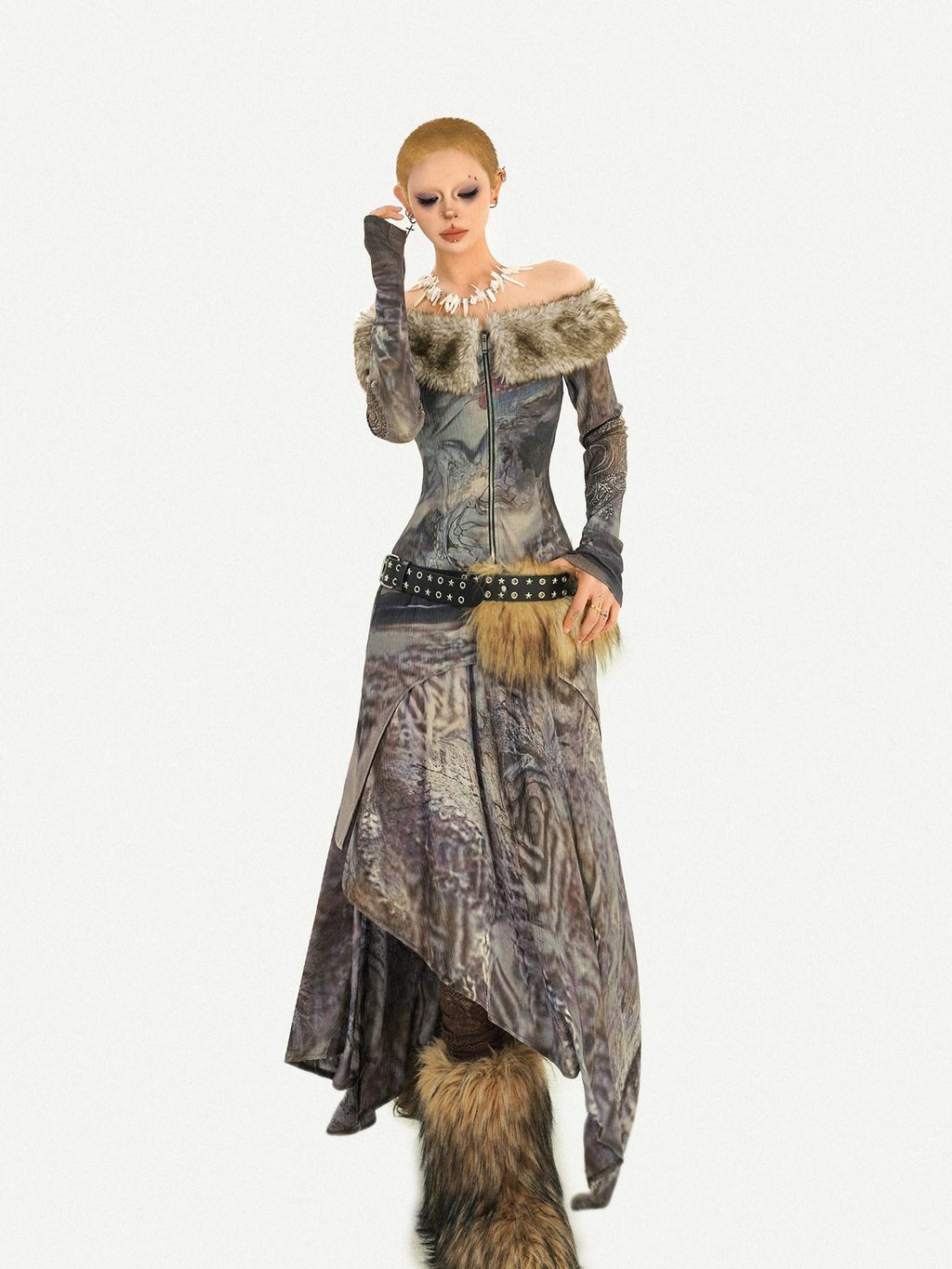 Nico Molly Vintage Off Shoulder Printed Fur Collar Women's Thick Top & Skirt Sets