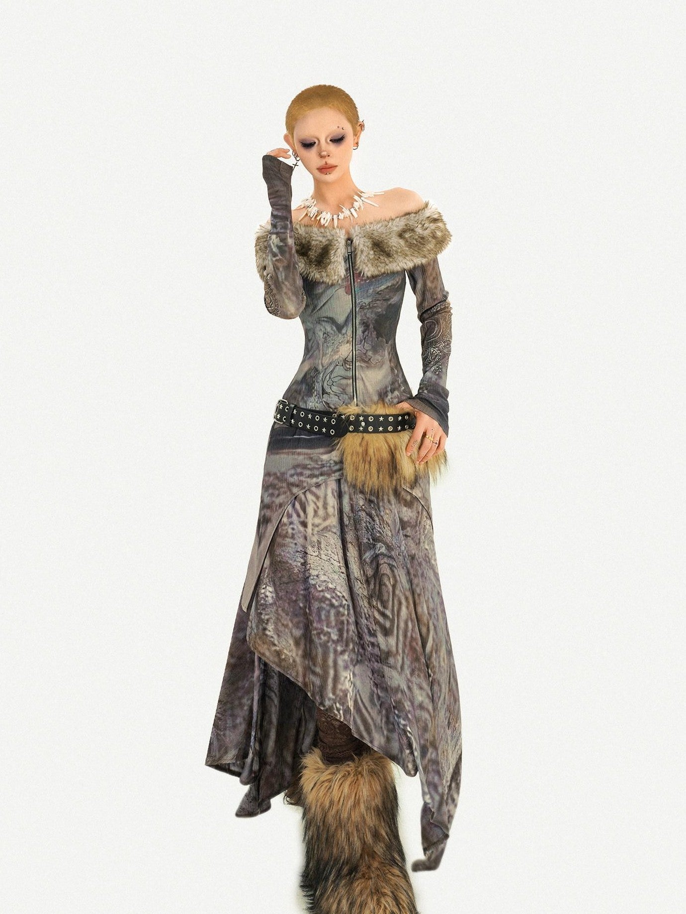 Nico Molly Vintage Off Shoulder Printed Fur Collar Women's Thick Top & Skirt Sets