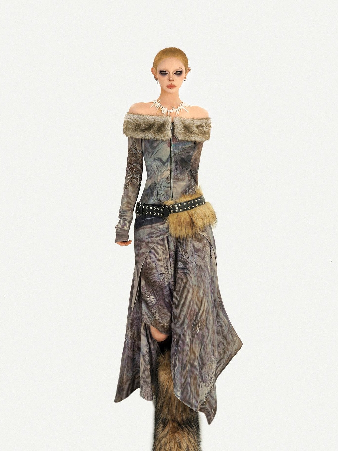 Nico Molly Vintage Off Shoulder Printed Fur Collar Women's Thick Top & Skirt Sets