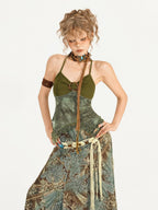 Nico Molly Vintage Oil Painting Print Slimming Cross Wooden Ring Halter Women's Camisoles