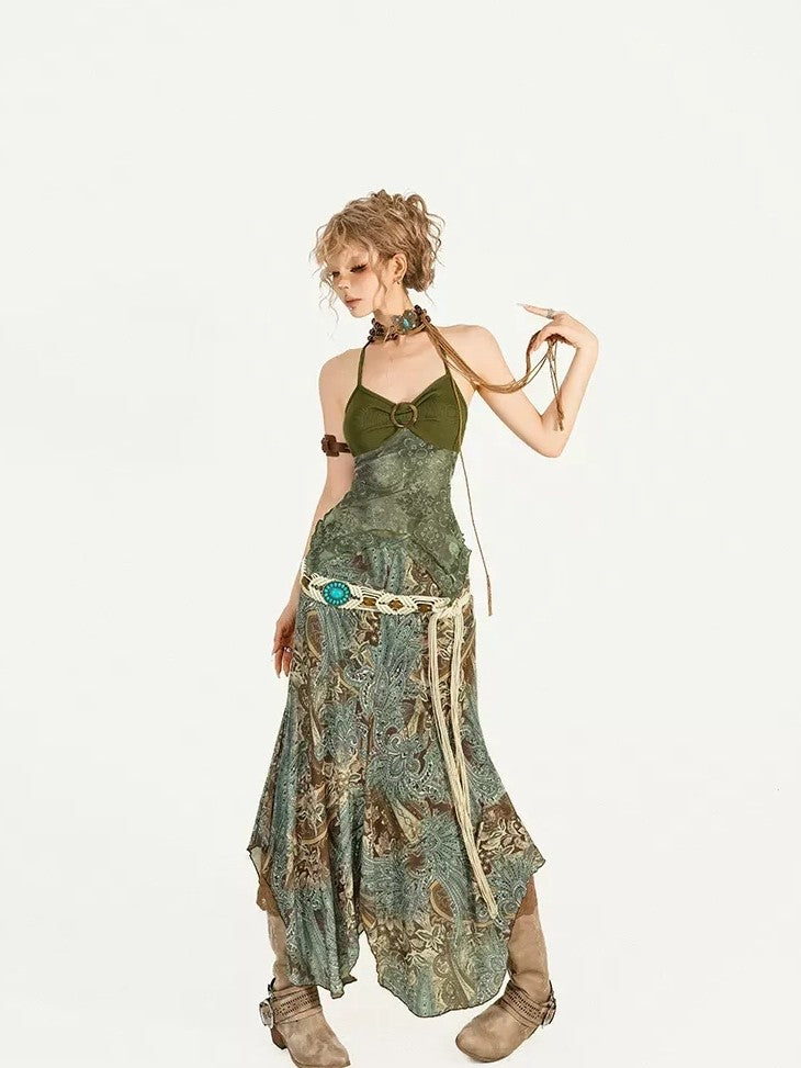 Nico Molly Vintage Oil Painting Print Slimming Cross Wooden Ring Halter Women's Camisoles