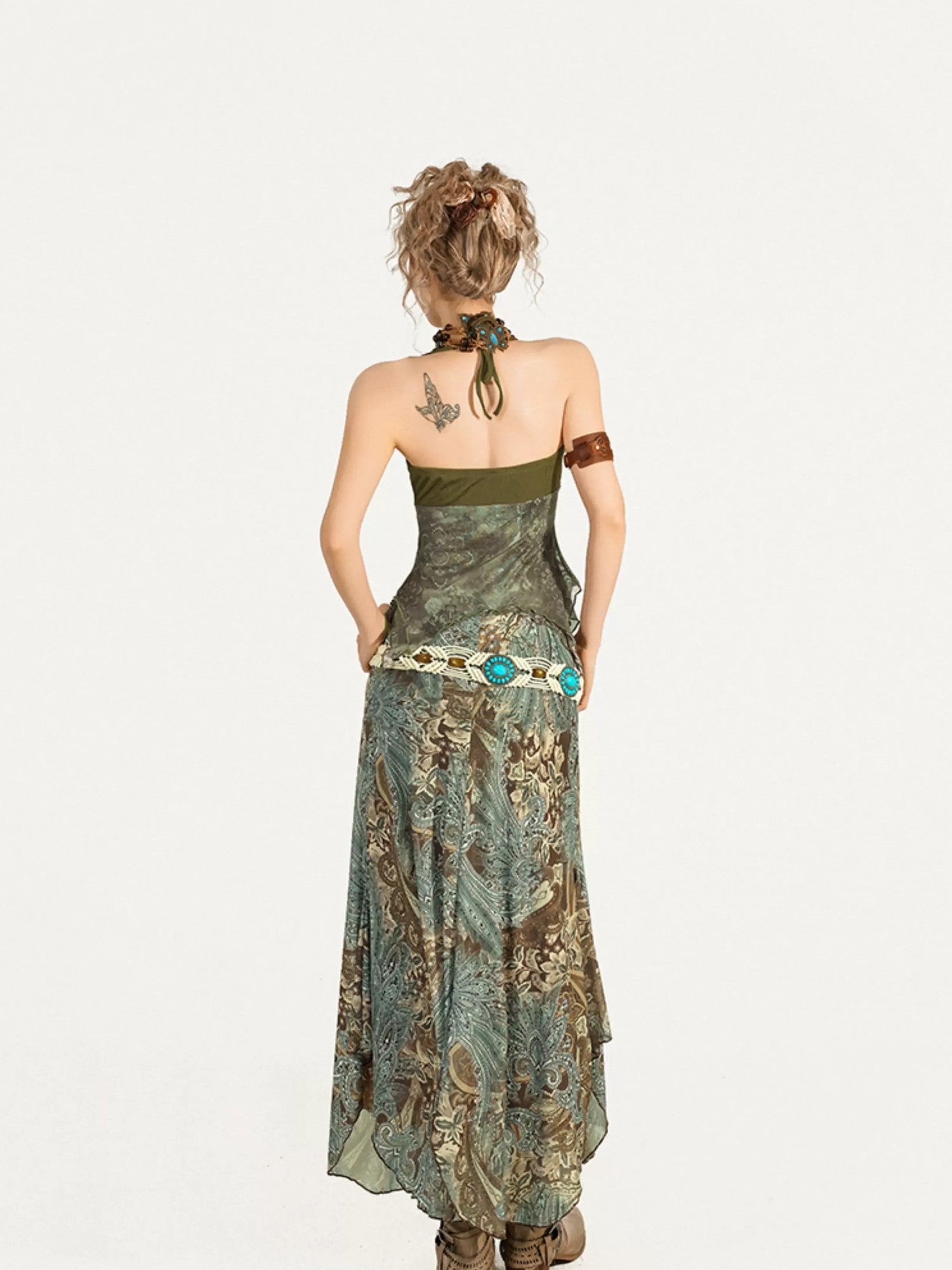 Nico Molly Vintage Oil Painting Print Slimming Cross Wooden Ring Halter Women's Camisoles