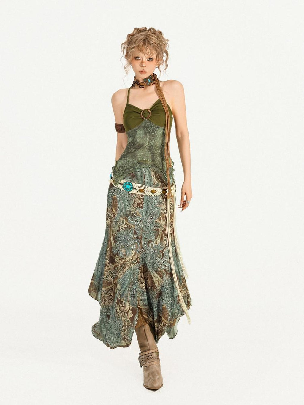 Nico Molly Vintage Oil Painting Print Slimming Cross Wooden Ring Halter Women's Camisoles