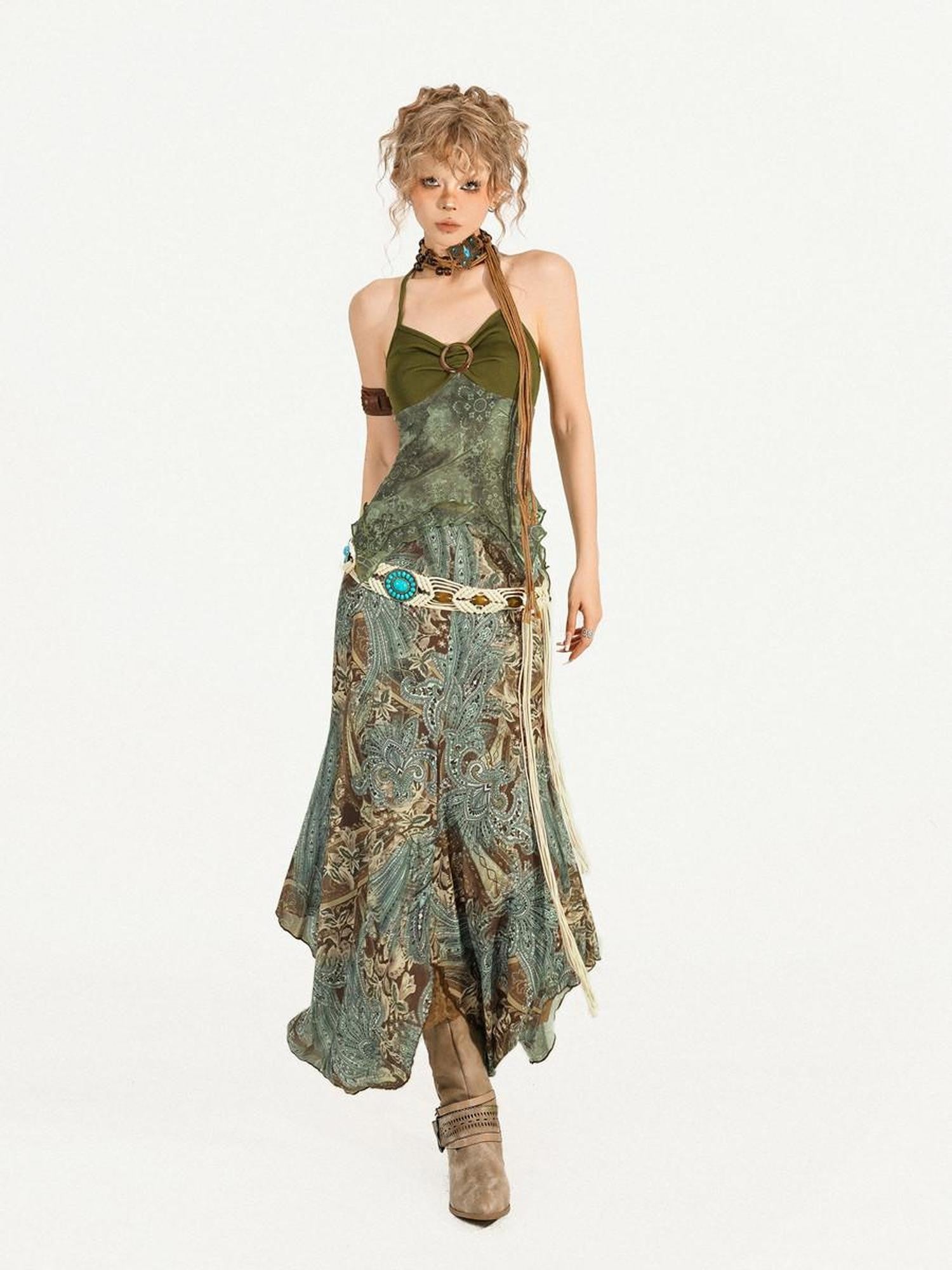 Nico Molly Vintage Oil Painting Print Slimming Cross Wooden Ring Halter Women's Camisoles