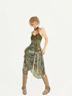 Nico Molly Vintage Oil Painting Print Slimming Cross Wooden Ring Halter Women's Camisoles