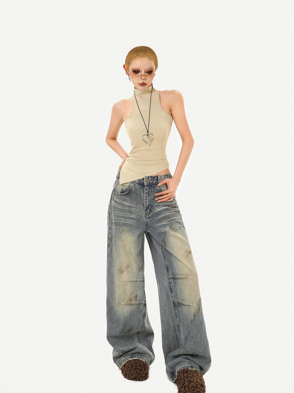 Nico Molly Vintage Padded Stand Collar Slim Women's Combed Cotton Tank Tops