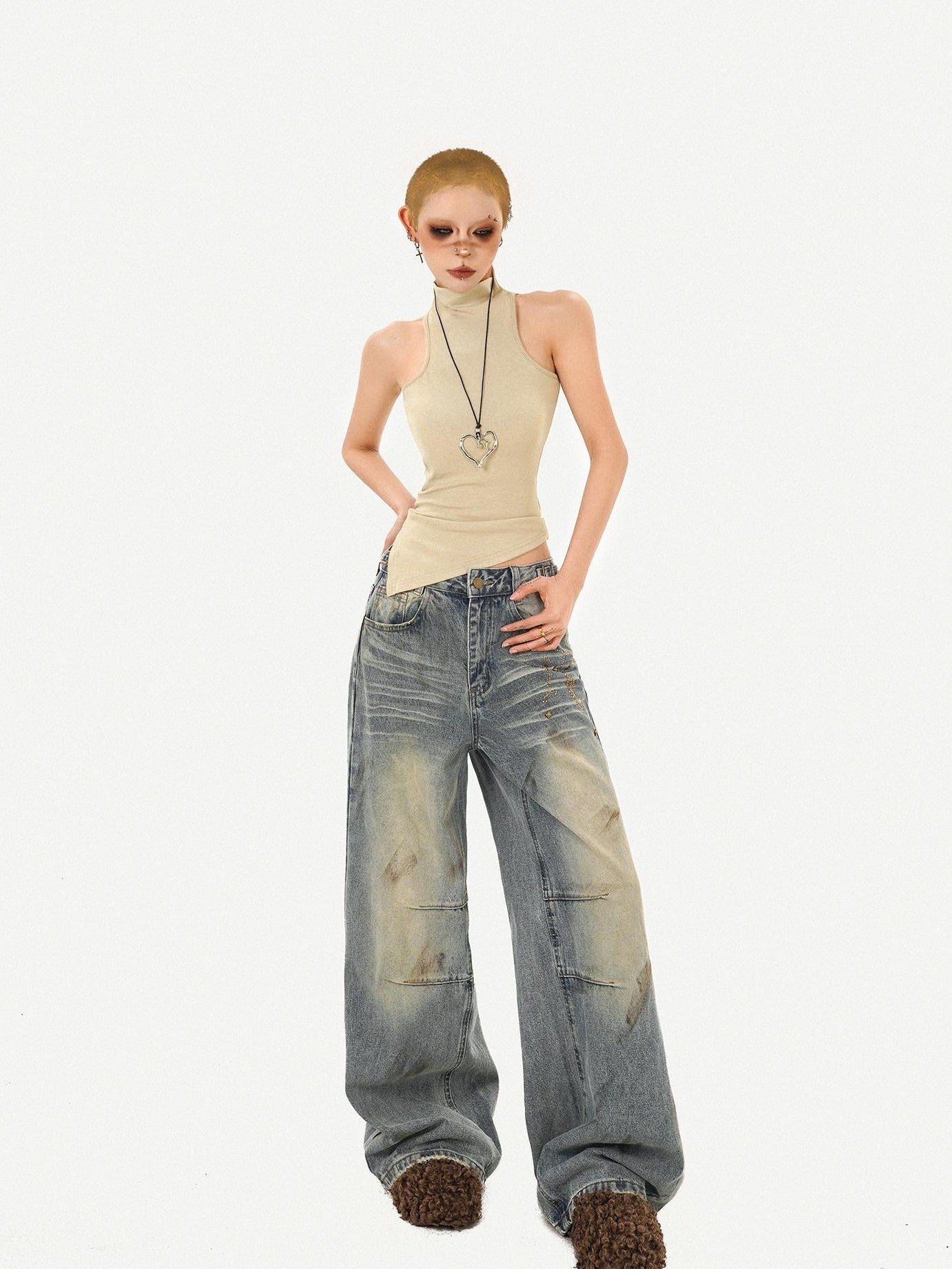 Nico Molly Vintage Padded Stand Collar Slim Women's Combed Cotton Tank Tops