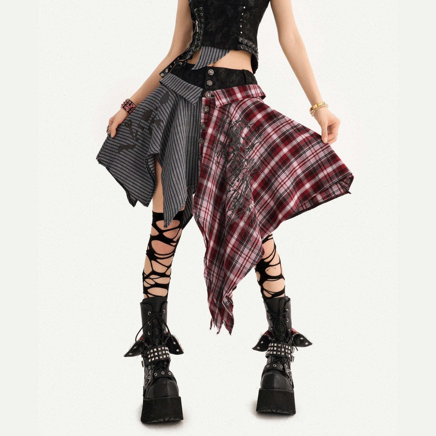 Nico_Molly_Vintage_Patchwork_Plaid_Halter_V-neck_Women's_High_Waist_Top_&_Skirt_Sets_1064277849834_MISSTT