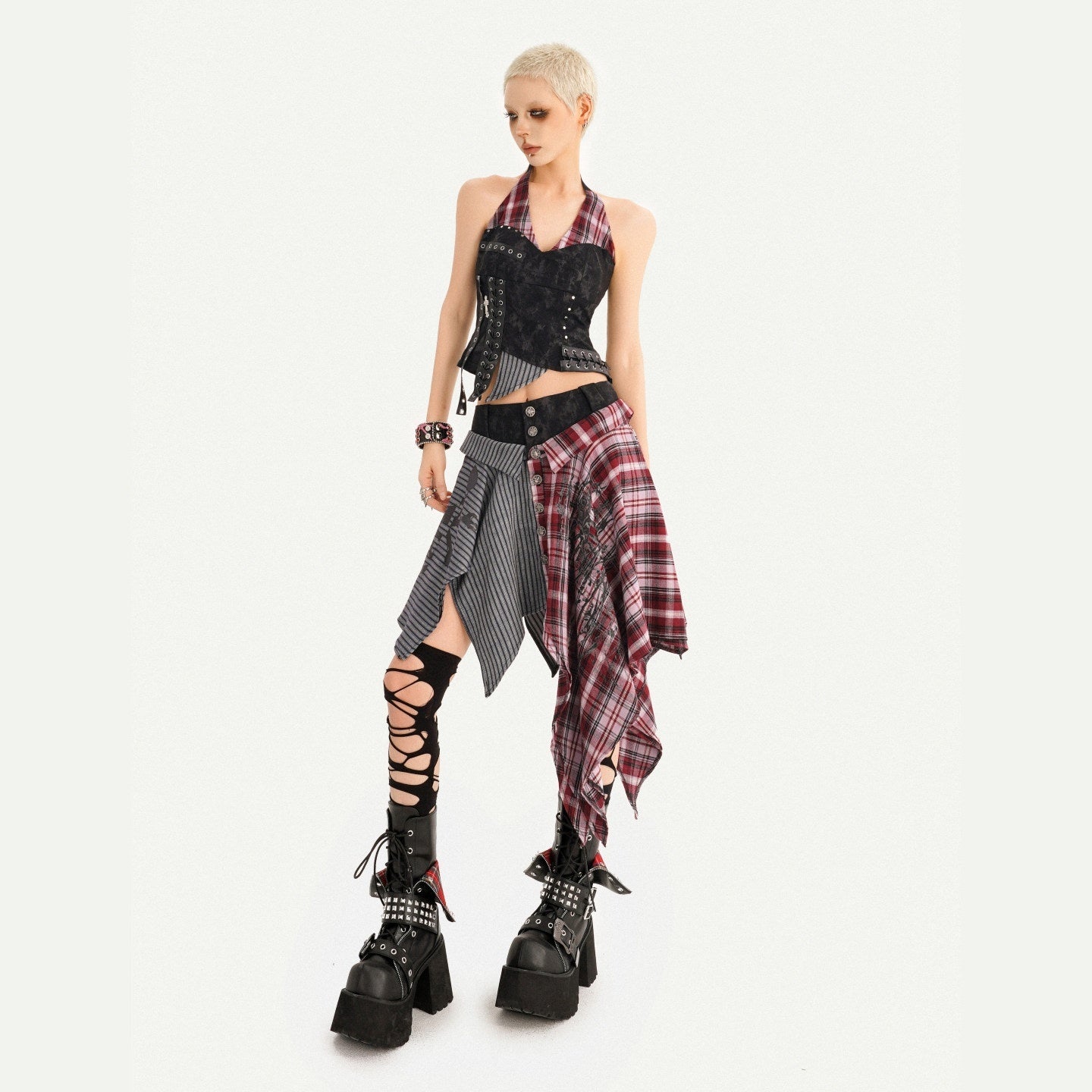 Nico_Molly_Vintage_Patchwork_Plaid_Halter_V-neck_Women's_High_Waist_Top_&_Skirt_Sets_1064277849834_MISSTT
